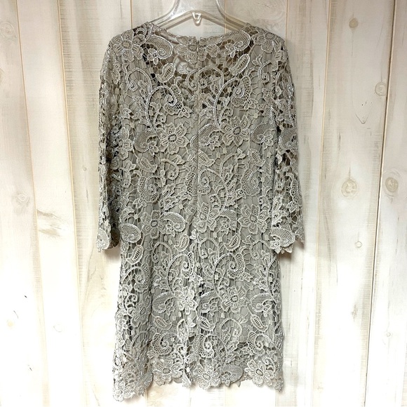 Marina Taupe And Silver Metallic Floral Lace Overlay Dress Sheer Sleeves Sz 12 - Picture 2 of 9